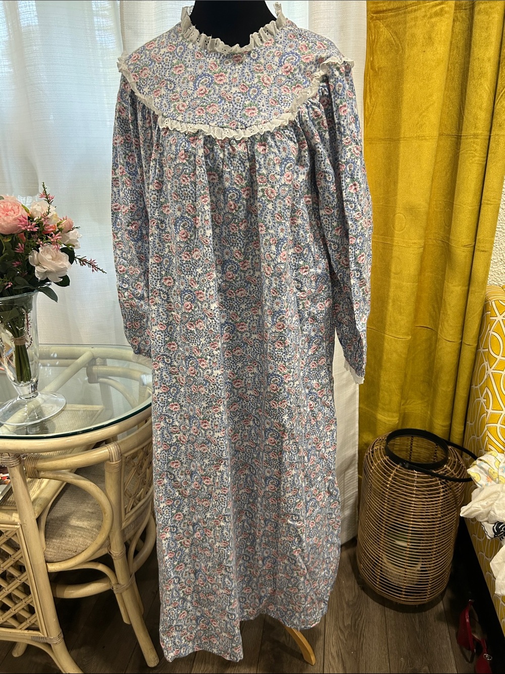 Floral Ruffled Yoke Nightgown - Blue & Pink